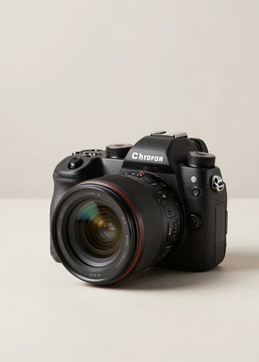 A minimalist and elegant shot of a professional camera on a clean surface in a bright studio, natural light casting soft shadows, using a palette of #FDFDFD and #E0DCD9 to evoke professionalism.