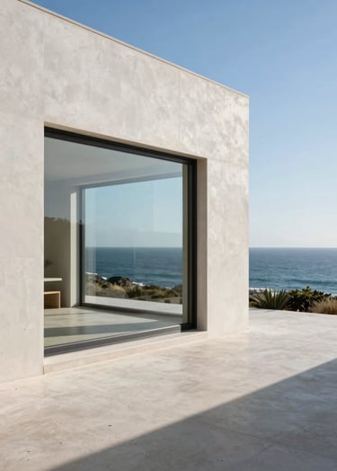 Wide shot of a minimalist villa on the Portuguese coast. Off-white concrete walls, large charcoal window frames, overlooking a slate blue ocean under bright sun.
