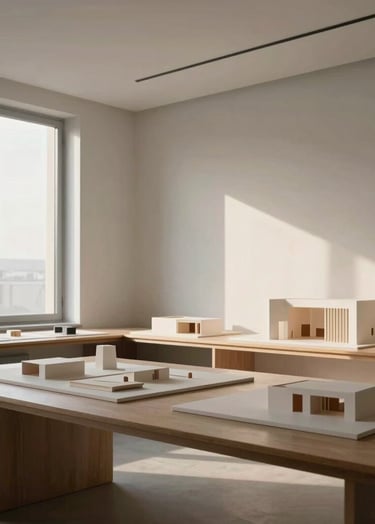 Interior shot of a minimalist architecture studio in Lisbon. Soft Cloud walls, large windows with soft morning light. Conceptual architectural models on a clean table, sophisticated European aesthetic.