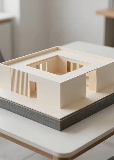 An architectural model crafted from Off-white cardstock and Slate grey wood. It sits on a minimalist desk in a bright, modern studio in Porto. High-angle, clean lighting, focus on precision and design.