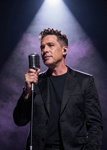 A professional portrait of lead singer Stefan Taylor performing under a single dramatic spotlight. The atmosphere is sophisticated with deep charcoal shadows and a soft lavender mist glow catching the silver details of his vintage microphone.