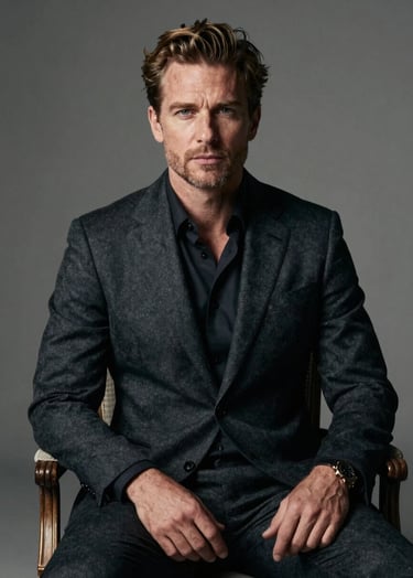 A professional portrait of Stefan Taylor in a dark charcoal tailored suit. He is seated in a classic chair, embodying an authoritative and sophisticated presence. The lighting is soft and professional with mist-colored accents.