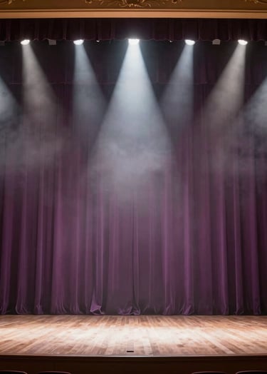 A sophisticated wide-angle photograph of a grand concert hall. Deep mauve stage curtains are visible in the background. The lighting is elegant with misty white spotlights creating a professional atmosphere. Cinematic composition, sharp focus.