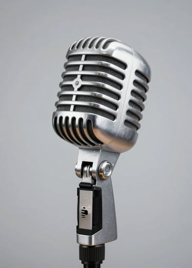 A close-up photograph of a vintage silver microphone on a stand. The chrome surfaces reflect mist-colored studio lights. The composition is artistic and minimalist, set against a soft silver backdrop.