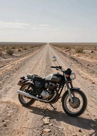 A wide-angle landscape shot of a vintage motorcycle parked on a cracked, dusty road in the middle of a vast Global / Western desert. The bike is dark charcoal with cool grey chrome accents. The lighting is low-angle, casting long shadows. The overall mood is quiet and expansive.