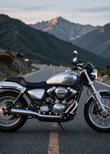 A side profile of a custom motorcycle parked on a high mountain pass in a Global / Western landscape. The lighting is early morning blue hour, emphasizing the cool silver metal against a dark charcoal road.