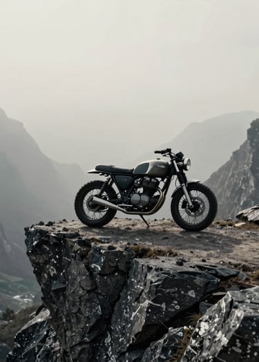 A cinematic wide shot of a custom vintage motorcycle parked on a jagged cliff edge overlooking a misty valley in a Global / Western highland setting. The lighting is moody with soft off-white fog, deep slate grey rocks, and rich charcoal black shadows on the bike's frame.