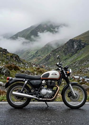 A side profile of a classic motorcycle parked on a narrow asphalt road in the Global / Western highlands, Mist White fog swirling around green peaks in the distance, dramatic overcast lighting, professional lifestyle photography.