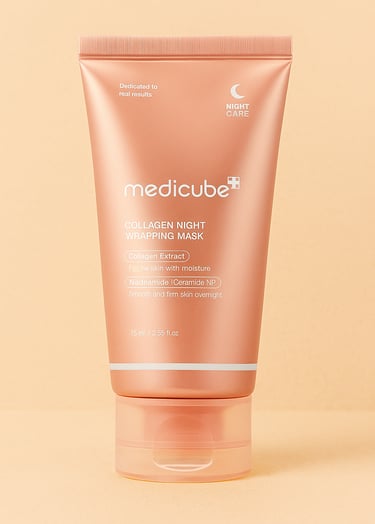 Medicube overnight sleeping mask in a pink tube on a neutral background