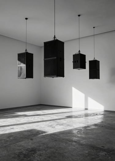 Cinematic black and white photography of a minimalist art gallery in Mexico. High-end sound transducers hang from a tall ceiling. Dramatic lighting creating long shadows on polished concrete floors. Minimalist and refined atmosphere.