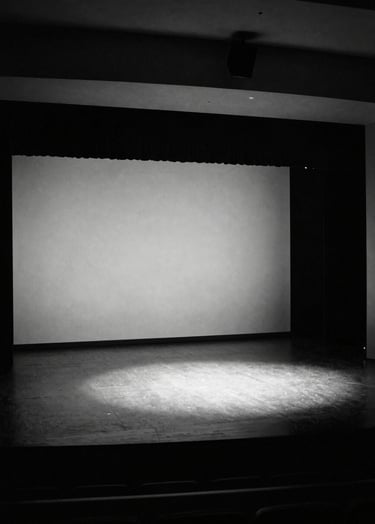 Black and white photography, a wide-angle shot of an empty minimalist theater stage in North American / Mexican context, a single pool of light on a black floor, contemporary artistic atmosphere.