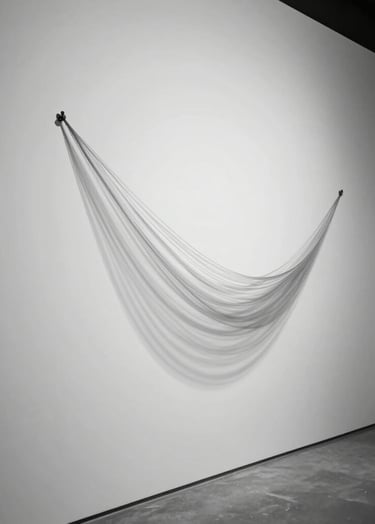 Cinematic black and white photography of a minimalist sound installation. A single taut string vibrates against a stark white wall in a gallery in Mexico, creating soft blurred motion. Elegant composition with strong shadows and a lot of white space.