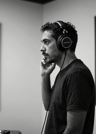A medium shot of a sound artist in a minimalist Mexican studio environment. He is listening intently with studio headphones. Dramatic chiaroscuro lighting in black and white, deep blacks, and crisp whites. Professional, artistic atmosphere, side profile.