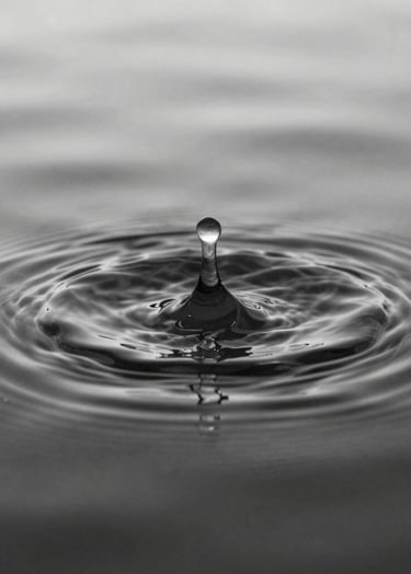 Abstract photography of water ripples reacting to sound frequencies. Cinematic, artistic style, black and white. Sharp focus on the texture of the water, minimalist and refined.