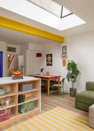 Dining table on side of kitchen with bench seating and colourful chairs