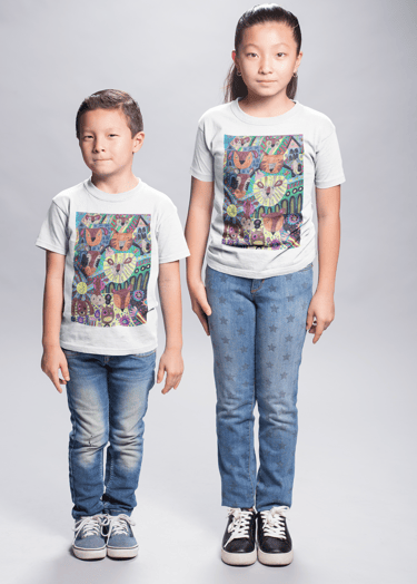 two children standing next to each other wear a white t shirt with design featured on it