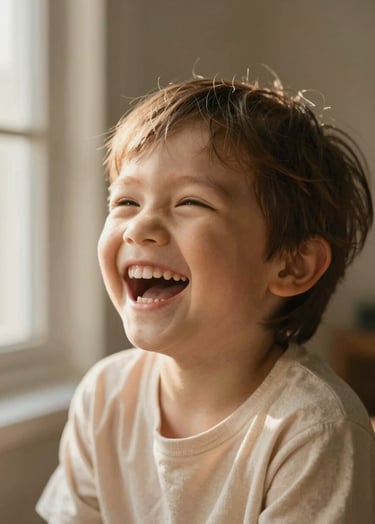 An authentic portrait of a child laughing, illuminated by soft sunlight coming through a window. The palette features warm #FDF8F0 sandy tones and soft #AD7B5B terracotta shadows. Cinematic and heartfelt style.