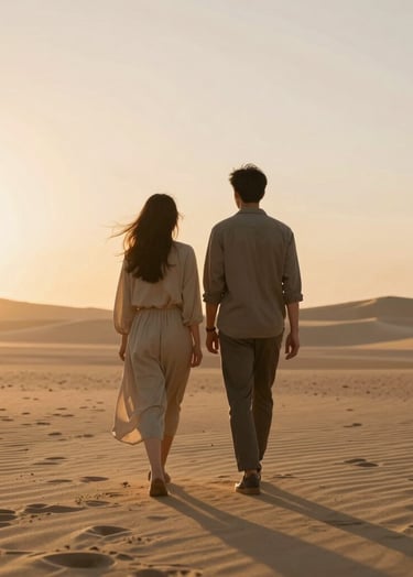 A full-length lifestyle shot of a couple walking together towards the sunset. The lighting is golden and warm, casting long shadows. The overall feel is cinematic and authentic. Sand tones #FDF8F0 dominate the landscape.