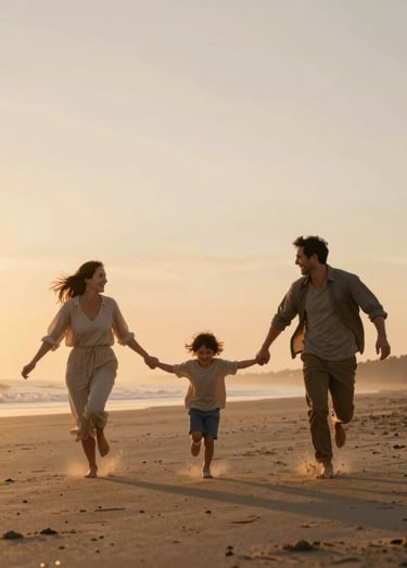 A wide cinematic shot of a family running through a sandy coastal field during sunset. The sky is filled with warm #FDF8F0 hues and soft orange light. Spontaneous laughter and movement, capturing a genuine interaction.