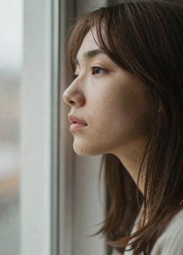 A portrait of a person looking thoughtfully out a window, bathed in soft morning light. The composition is intimate and storytelling-focused. The aesthetic is film-like with a touch of grain, using colors #FDF8F0 and #AD7B5B.