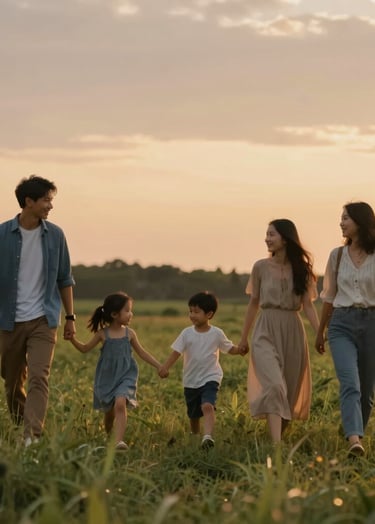 A cinematic wide shot of a family walking together through a sun-drenched meadow at twilight. The sky is filled with warm #AD7B5B and #FDF8F0 hues. The interaction is spontaneous and full of joy, showcasing authentic lifestyle photography.