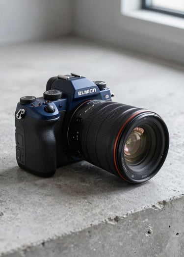 A high-resolution photography review shot featuring a state-of-the-art camera body resting on a minimalist concrete surface in a North American loft. The style is clean and modern, using natural light and a cool color palette of greys and dark blues.