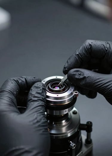 A close-up photograph of a technician's hands in black gloves performing a precision lens calibration in a clean North American workshop. The lighting is clinical and sharp, highlighting the intricate mechanical details of the camera optics against a dark grey background.