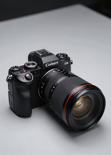 Professional high-angle studio shot of a sleek black mirrorless camera with a high-performance lens on a light gray surface, soft cinematic lighting, North American photography studio setting, clean and modern aesthetic.