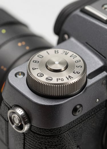 Macro photography of a high-end camera's top plate showing the mode dial and shutter button, metallic textures in shades of dark gray and light gray, shallow depth of field, North American professional studio lighting.