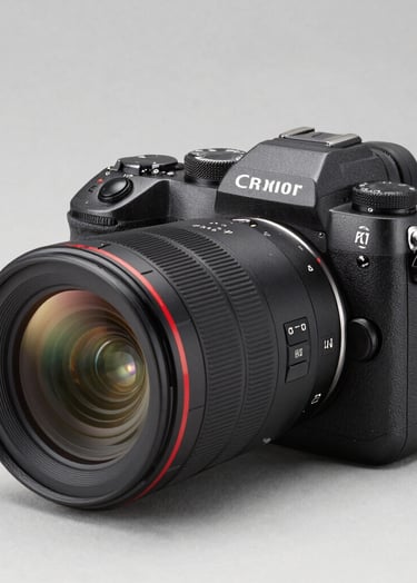 A professional studio product shot of a high-end mirrorless camera with a large lens. The lighting is crisp and clean, reflecting off the dark gray and black metallic body. Set against a neutral light gray background in a North American studio style.