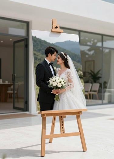 A high-end professional photographic canvas print of a couple at their wedding, displayed on an elegant minimalist easel at the entrance of a modern venue. Bright snow white environment. South American / Colombian setting.
