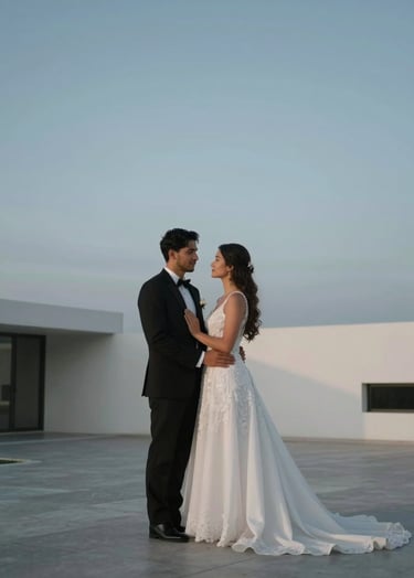 An elegant wedding couple posing in a modern, minimalist outdoor setting in Palmira. Soft Slate Blue sky at dusk. Professional lighting, South American / Colombian atmosphere.