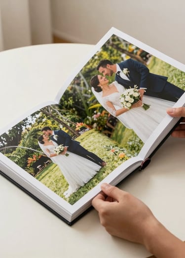 Hands flipping through the thick, matte pages of a wedding album, showing vibrant high-resolution images, clean off-white surroundings, South American / Colombian home setting.