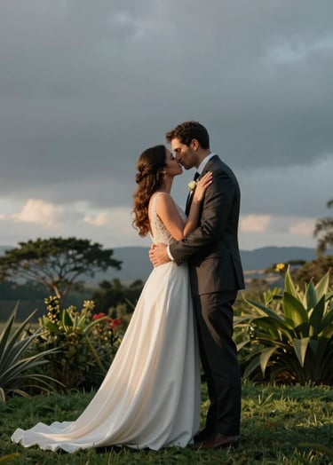 Cinematic photography of a newlywed couple embracing in a lush South American / Colombian garden at sunset. The bride wears a soft off-white gown and the groom a dark charcoal suit. High-end photography, elegant lighting with slate blue-grey sky tones, modern and professional style.