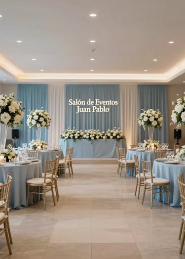 A wide-angle interior shot of the elegant 'Salón de Eventos Juan Pablo' in a modern South American / Colombian setting, decorated for a wedding with soft light blue and off-white floral arrangements, professional lighting.