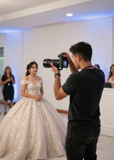 A professional photographer at work in a South American / Colombian social event, focusing on a quinceañera. The background is a clean, modern off-white space with elegant slate blue lighting details.