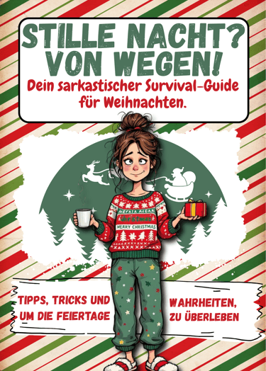 a cartoonish christmas card with a woman in pajamas and pajamas