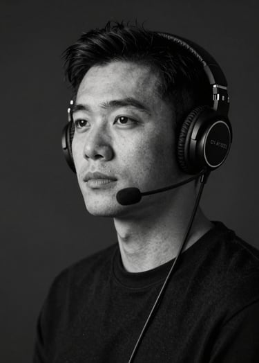 A professional black and white portrait of an artist wearing headphones, looking off-camera with a thoughtful expression. High contrast, sharp focus, with a dark #0A0A0A background and soft key lighting.