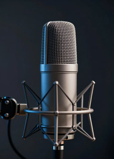 A close-up of a high-end, professional studio microphone on a boom arm. The lighting is cinematic with subtle highlights in #86A3B8 and #F8F8F8, set against a deep #0A0A0A background. Sophisticated and professional podcaster aesthetic.