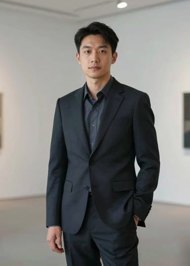A full-page portrait of a creative professional in a dark tailored suit, standing in a minimalist gallery space with soft architectural lighting. Palette of #0A0A0A and #2C3E50. Professional and artistic.