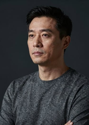 A professional portrait of an artist in a charcoal grey outfit, soft Rembrandt lighting on the face, looking away with intellectual depth. Background is deep #0A0A0A.