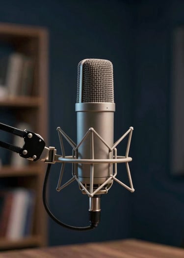 A sophisticated, dimly lit interior of a modern podcast studio. Focus on a single high-end condenser microphone on a sleek arm, with soft bokeh of #2C3E50 bookshelves in the background. The lighting is cinematic and moody.