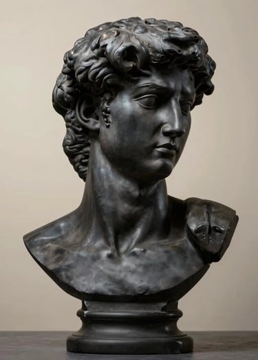 A modern reinterpretation of a classical bust in matte black stone. Dramatic lighting creates a high-contrast luxury look using #1A1A1A and #F9F7F0 highlights. Extremely premium and artistic.