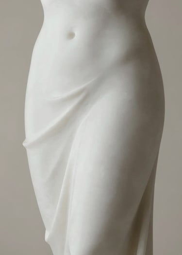 Close-up detail of a minimalist white marble sculpture showing smooth, elegant curves. The lighting is soft and directional, highlighting the stone's texture. Background is a neutral #F9F7F0. Sophisticated and high-end aesthetic.
