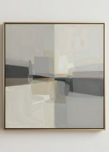 An abstract painting with a palette of #CFC8B7 and #5F5B54, centered on a light #F9F7F0 wall, minimalist gold frame, studio lighting.