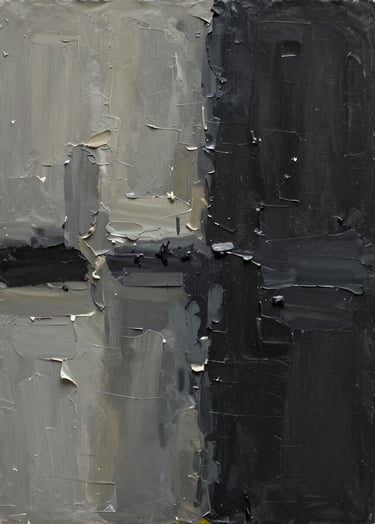 A detail of an abstract impasto painting showcasing thick, textured layers of #CFC8B7 and charcoal black #1A1A1A, highlighting the material quality and craftsmanship of the artwork.