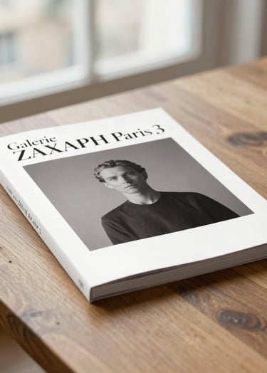 A vertical shot of a high-end art catalog resting on a #5F5B54 wooden table. The catalog cover features the 'Galerie ZAXAPH Paris' branding in elegant serif typography. Soft natural light from a Parisian window.