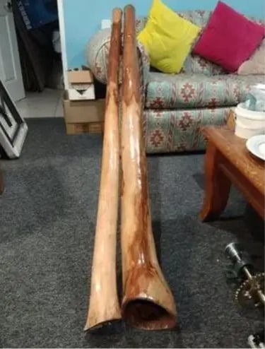 a pair of didgeridoos with a couch and a table