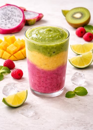 Layered tropical fruit smoothie with dragon fruit, mango, and kiwi layers served with fresh ingredients.