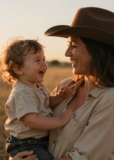 A candid lifestyle shot of a North American / General Western mother and her toddler in a field at sunset. The lighting is cinematic and warm, with soft sand and terracotta hues highlighting their faces as they laugh together. Shallow depth of field with a soft-focus background of golden grass.